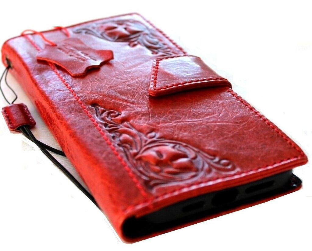 Handmade Red Leather iPhone Wallet Case: Vintage Stamped Book Cover