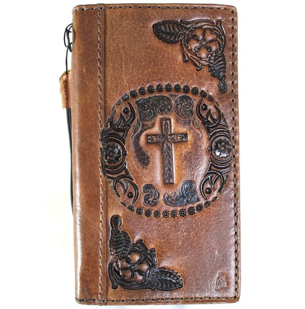 Handmade Leather iPhone Wallet Case: Vintage Stamped Cross Design