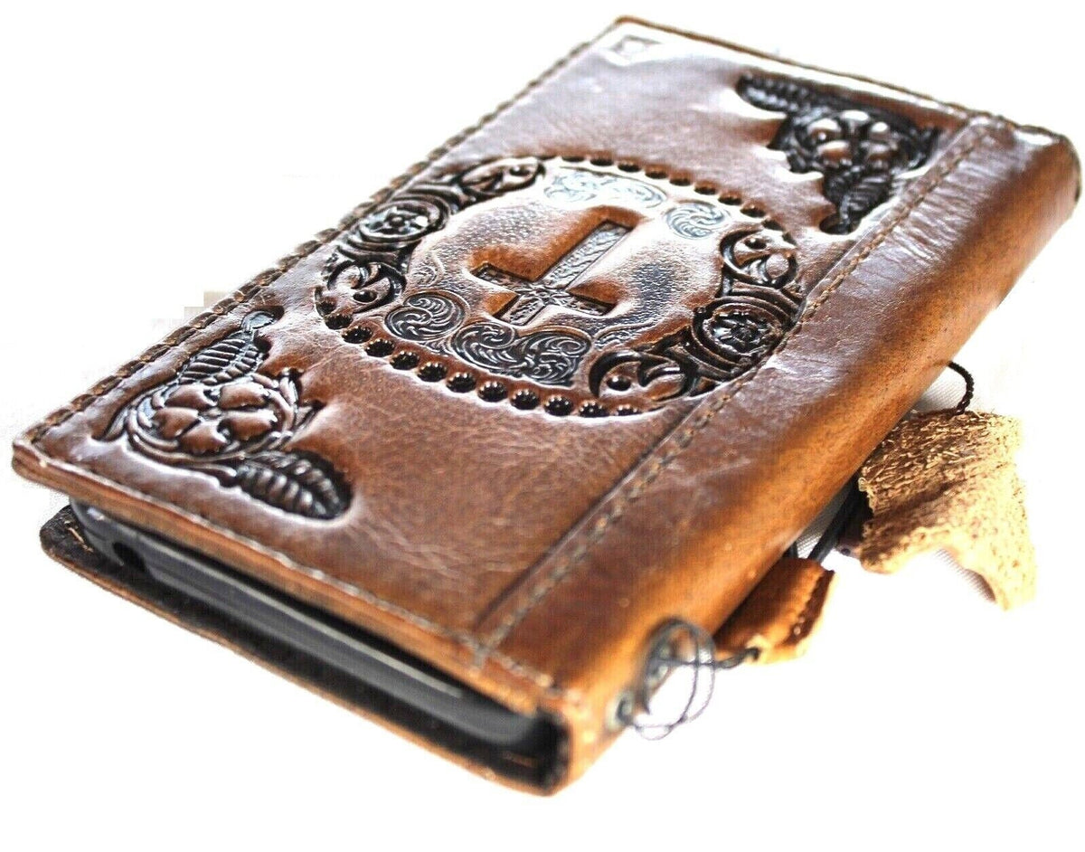 Handmade Leather iPhone Wallet Case: Vintage Stamped Cross Design