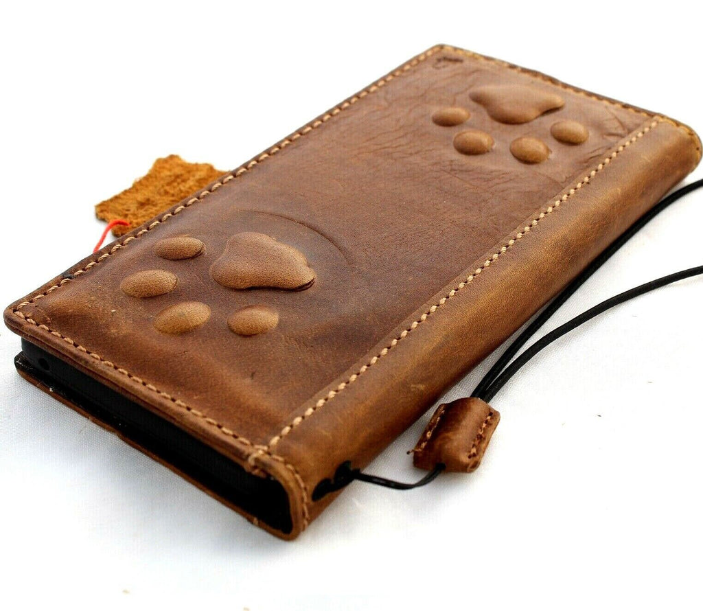 Handmade Leather iPhone Wallet Case: Vintage Dog Paw Embossed