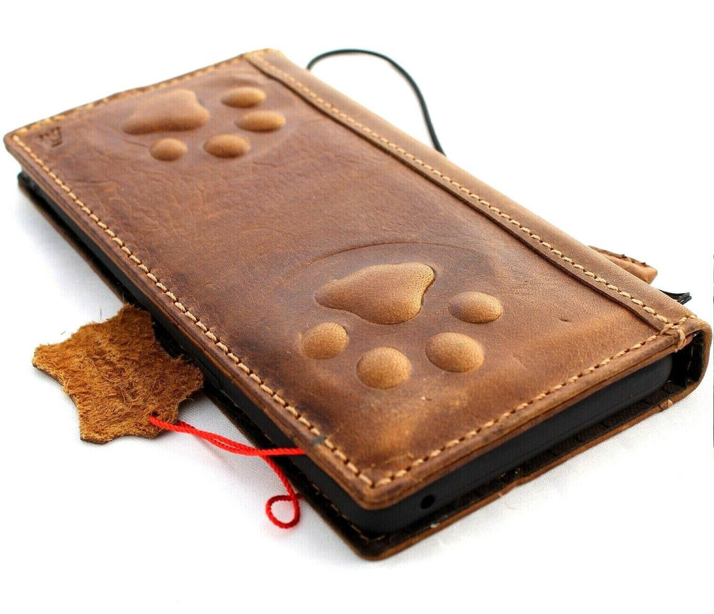 Handmade Leather iPhone Wallet Case: Vintage Dog Paw Embossed