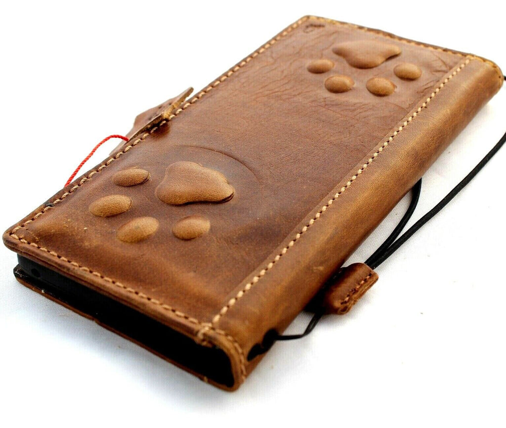 Handmade Leather iPhone Wallet Case: Vintage Dog Paw Embossed
