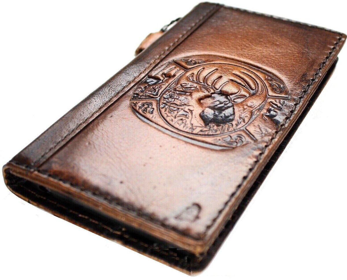 Vintage Leather iPhone Wallet Case: Embossed Reindeer Art