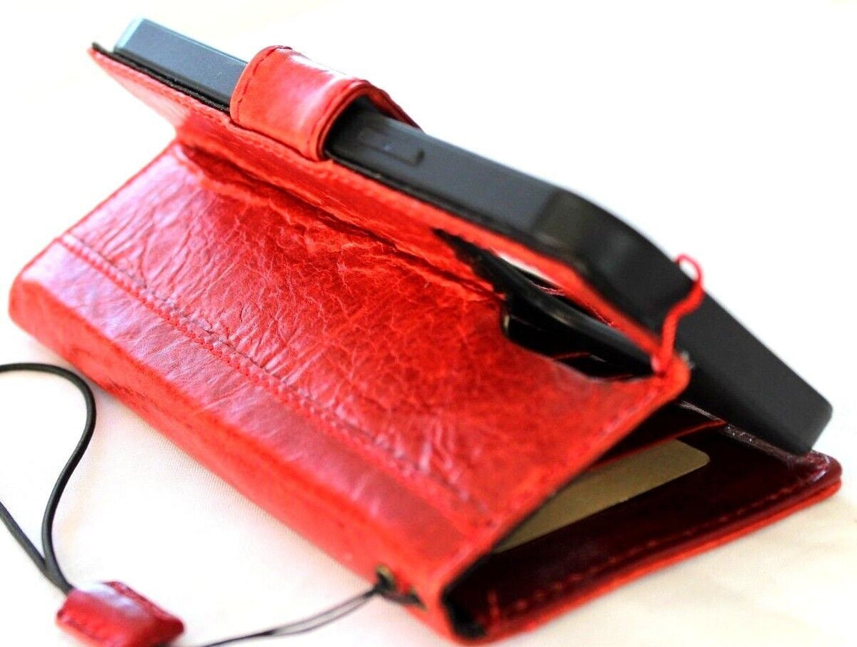 Handmade Red Leather iPhone Wallet Case: Vintage Stamped Book Cover