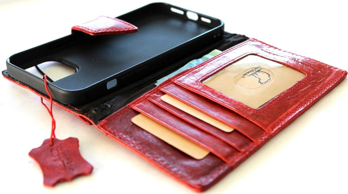 Handmade Red Leather iPhone Wallet Case: Vintage Stamped Book Cover