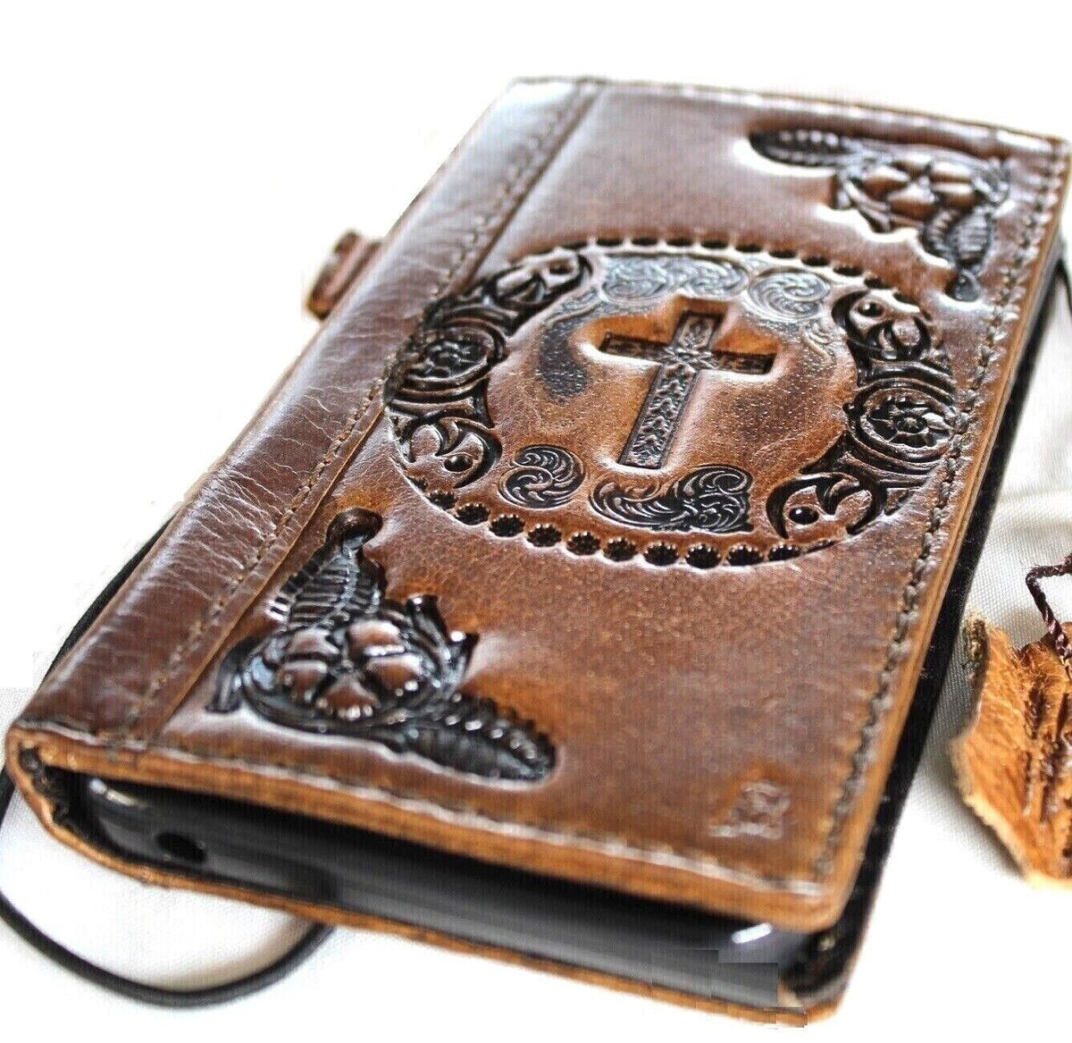 Handmade Leather iPhone Wallet Case: Vintage Stamped Cross Design