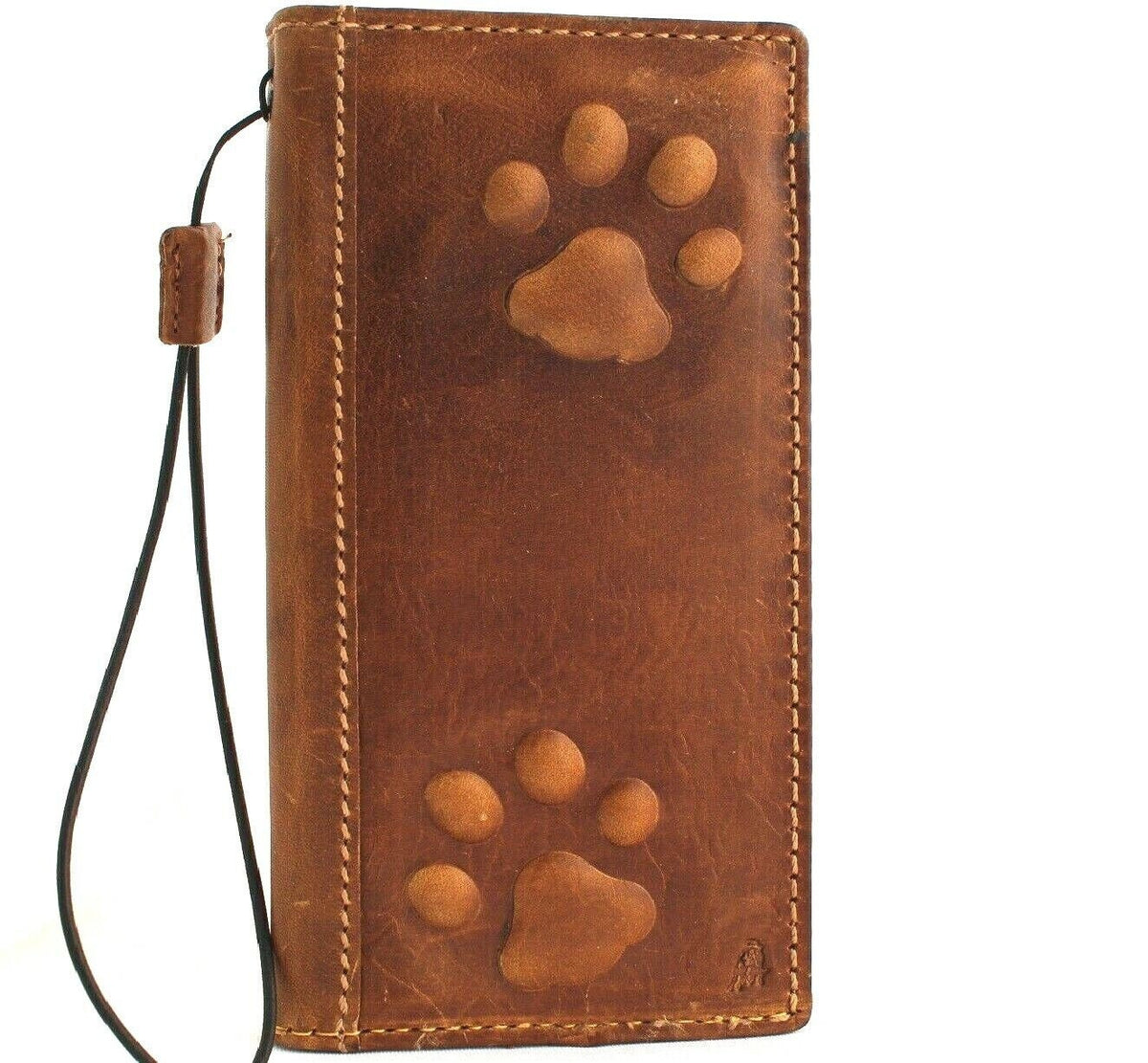 Handmade Leather iPhone Wallet Case: Vintage Dog Paw Embossed