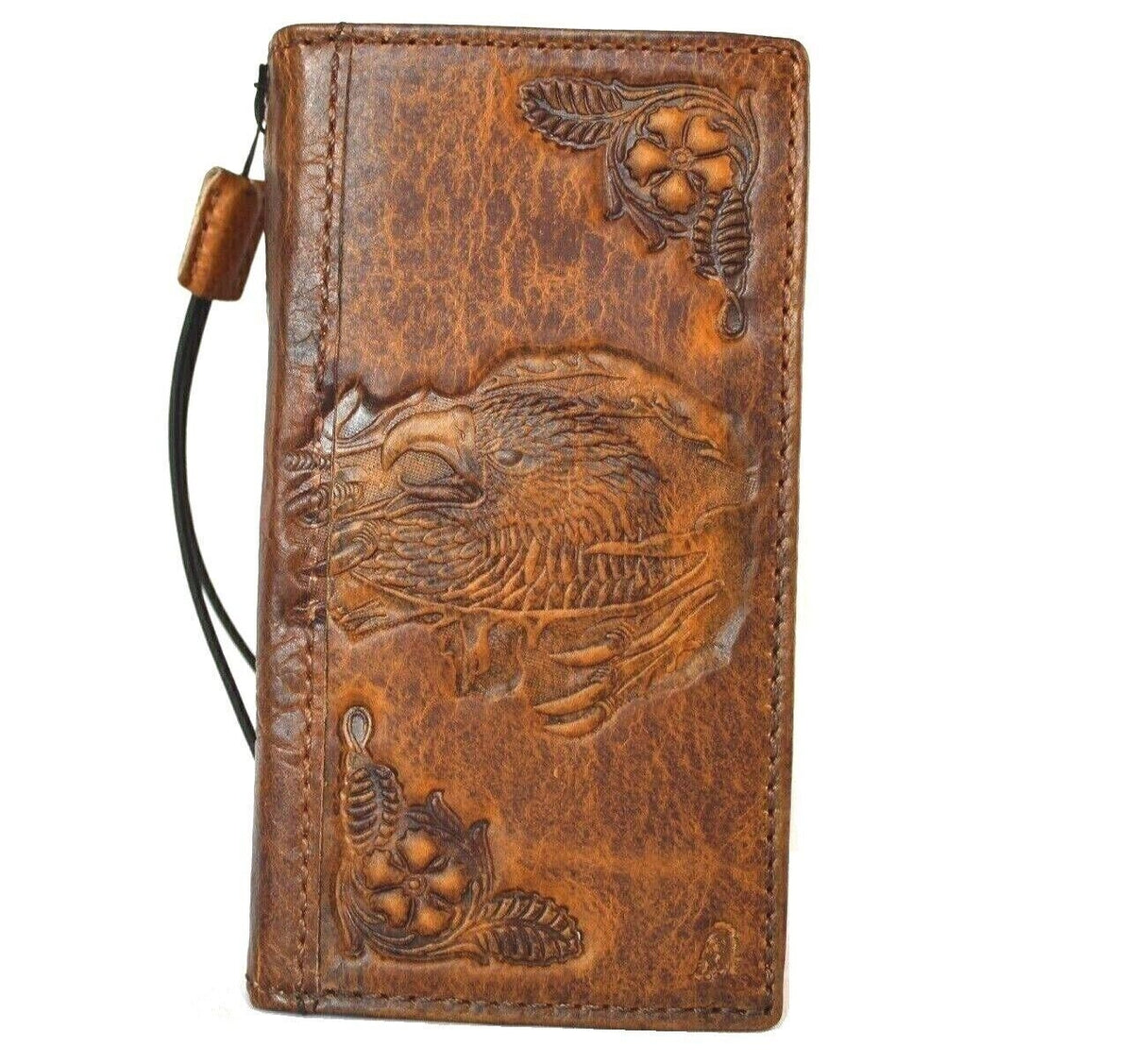 Vintage Tan Leather iPhone Wallet Case: Stamped Eagle Design