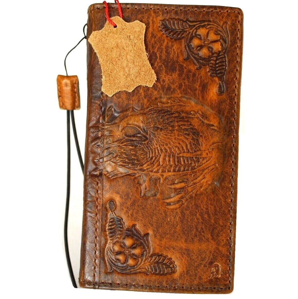 Vintage Tan Leather iPhone Wallet Case: Stamped Eagle Design