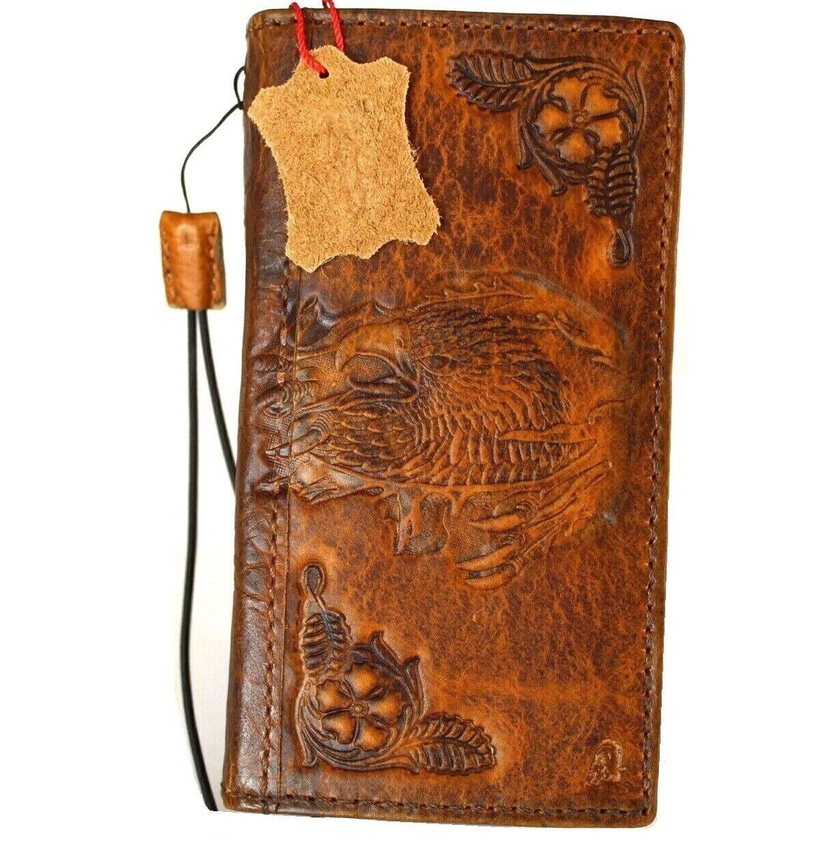 Vintage Tan Leather iPhone Wallet Case: Stamped Eagle Design