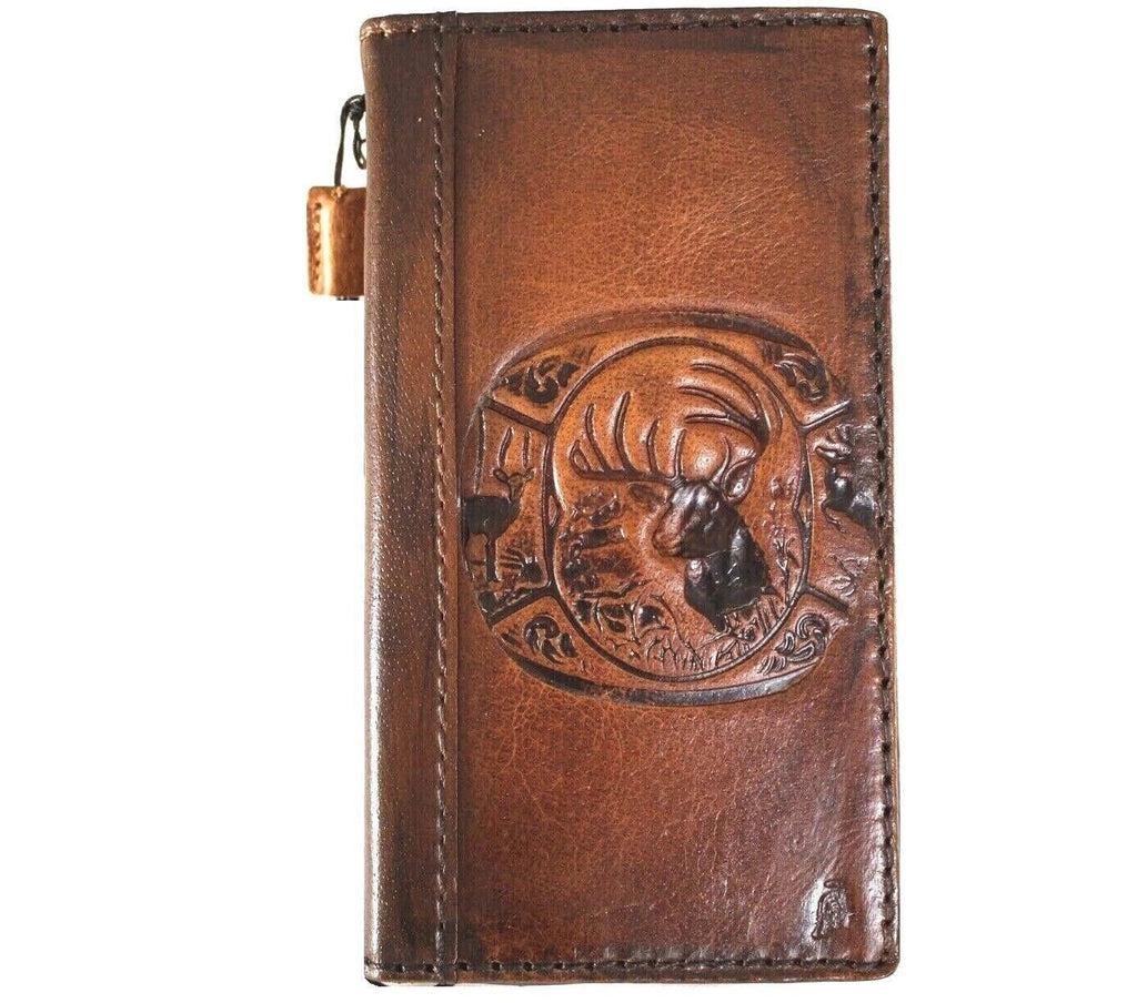Vintage Leather iPhone Wallet Case: Embossed Reindeer Art