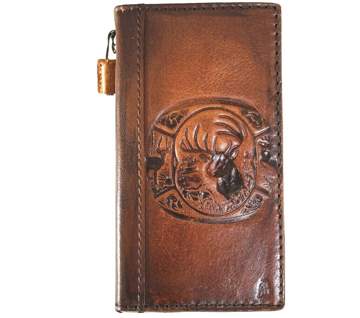 Vintage Leather iPhone Wallet Case: Embossed Reindeer Art