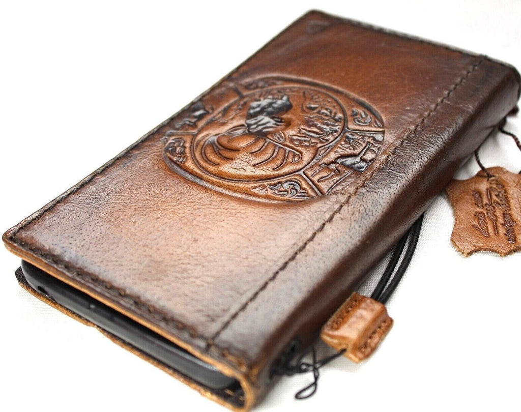 Vintage Leather iPhone Wallet Case: Embossed Reindeer Art