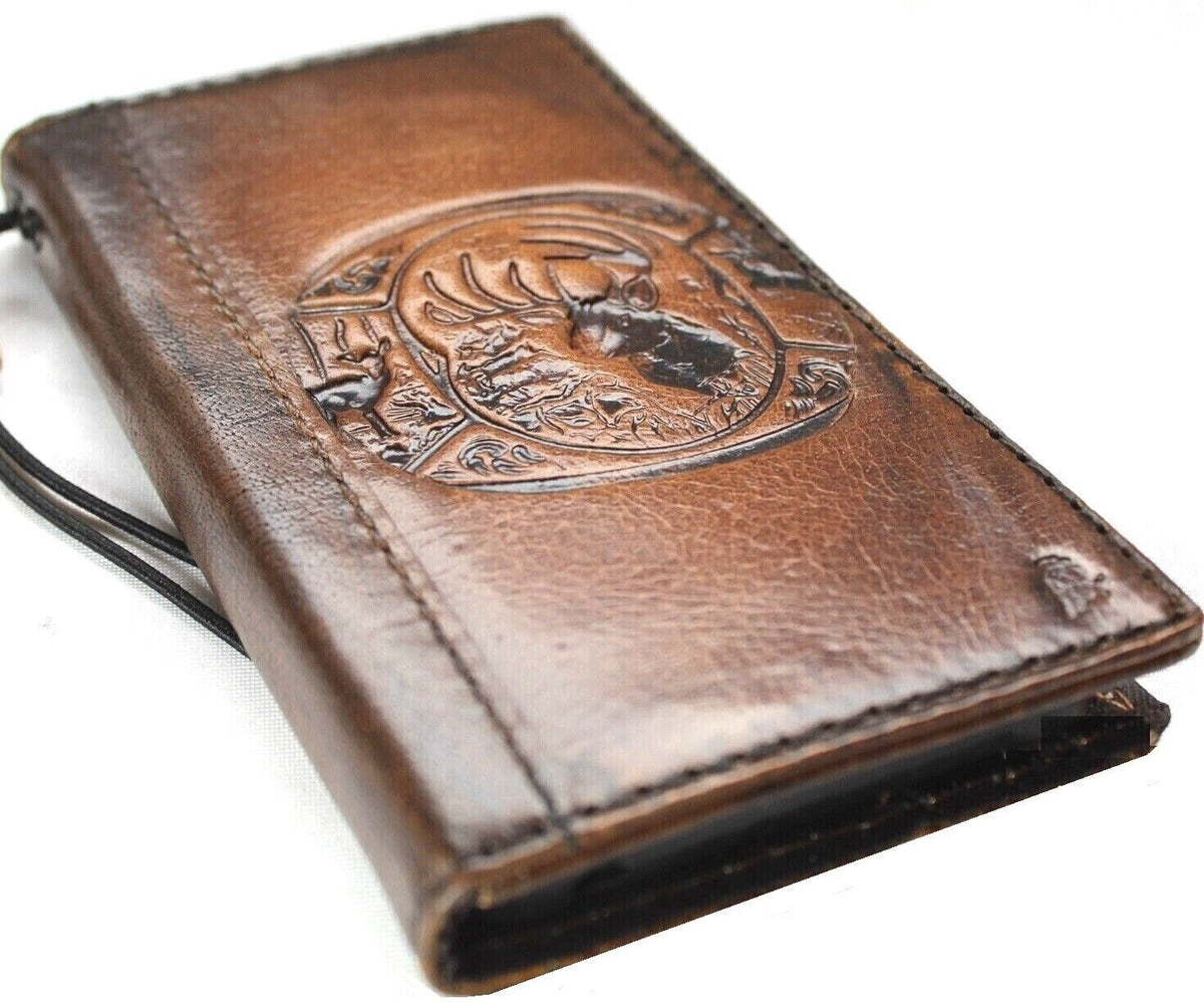 Vintage Leather iPhone Wallet Case: Embossed Reindeer Art