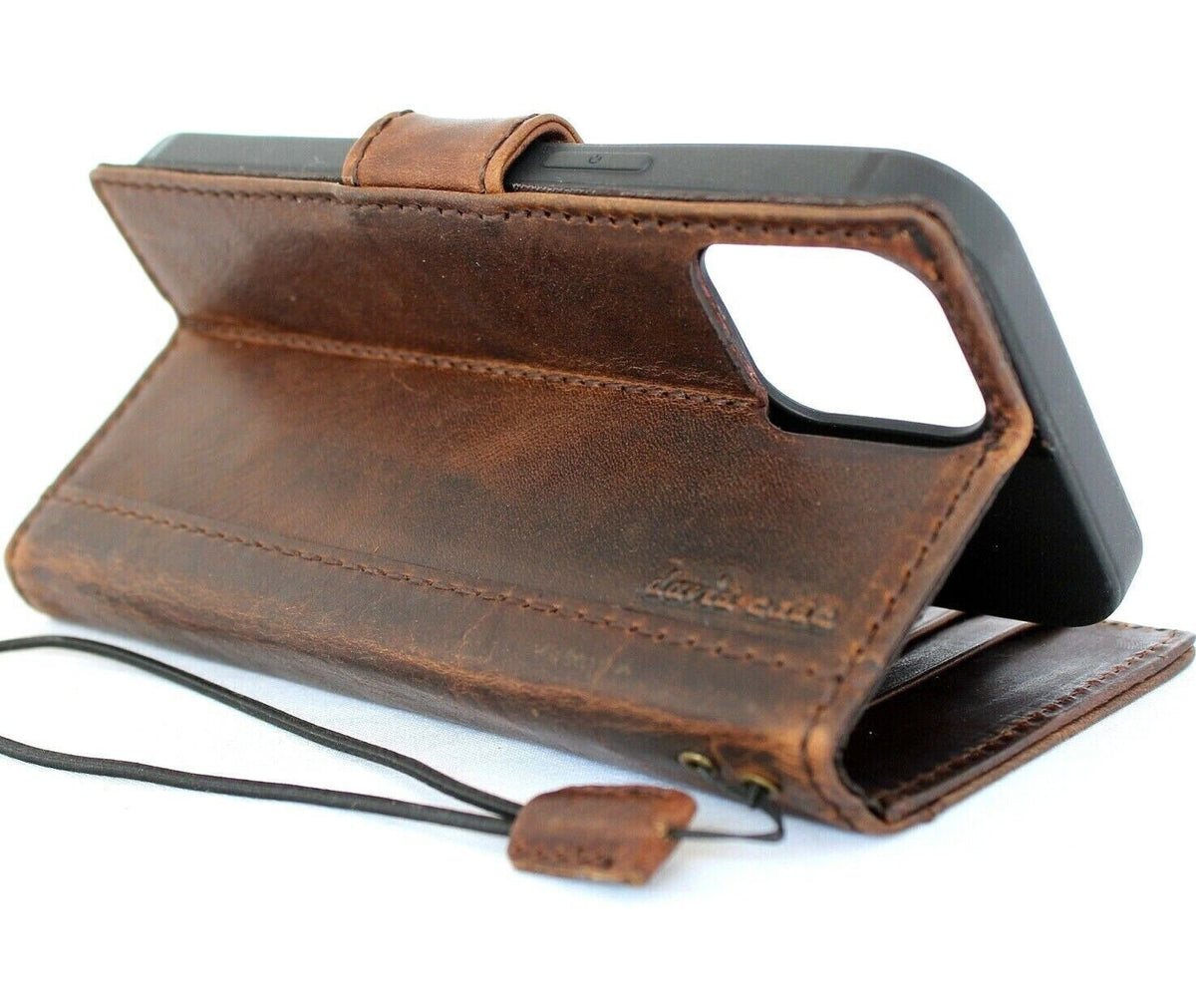 Handmade Vintage Leather iPhone Wallet Case: Magnetic Bracket