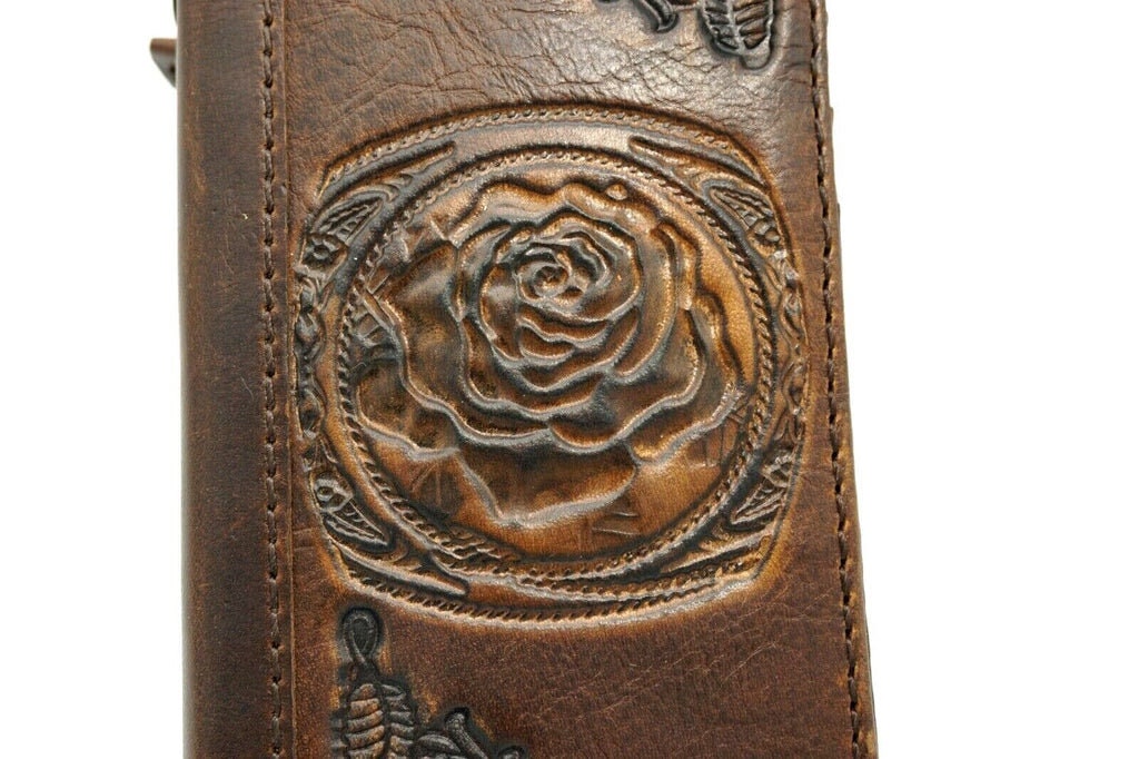 Vintage Leather iPhone Wallet Case: Floral Art, Card Slots