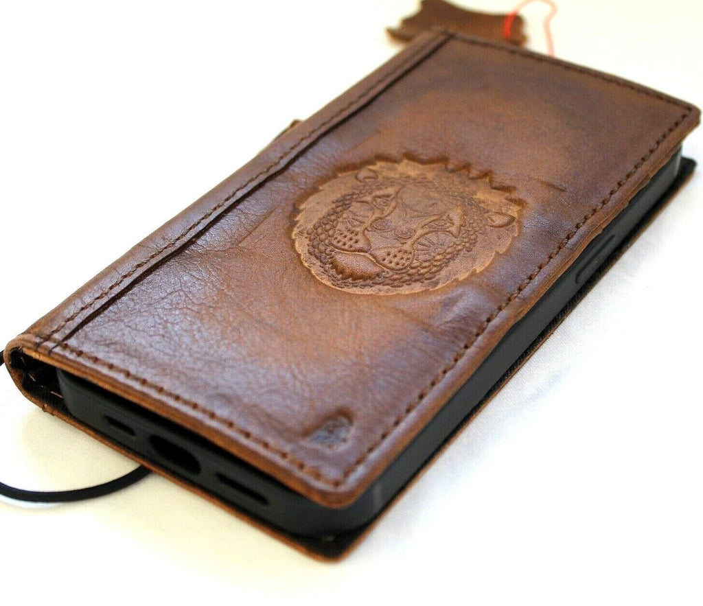 Handmade Leather iPhone Wallet Case: Vintage Embossed Lion Design