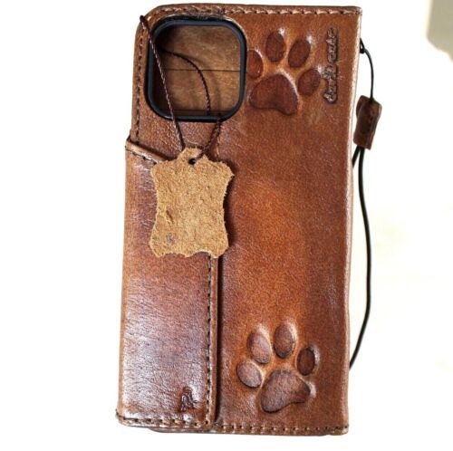 Vintage Leather iPhone Wallet Case: Paw Print Book Cover with ID Window