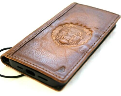 Handmade Leather iPhone Wallet Case: Vintage Embossed Lion Design