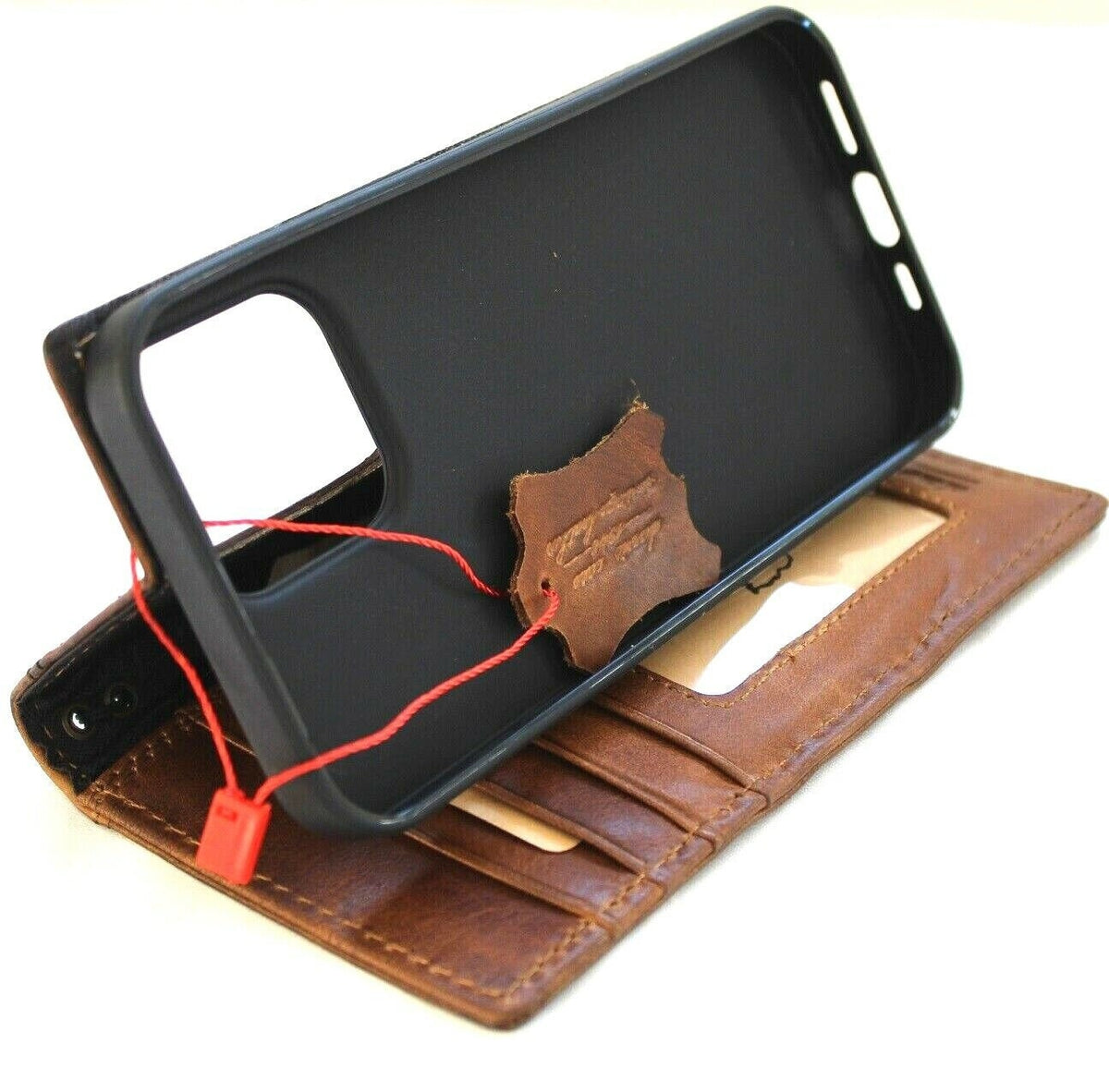 Handmade Leather iPhone Wallet Case: Vintage Embossed Lion Design