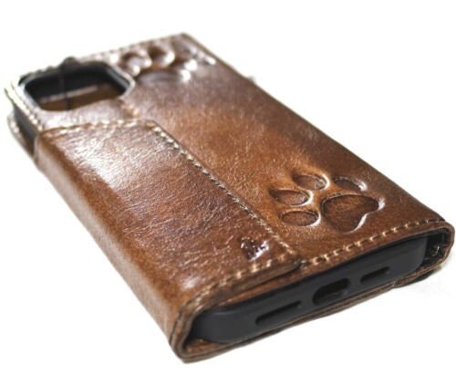 Vintage Leather iPhone Wallet Case: Paw Print Book Cover with ID Window