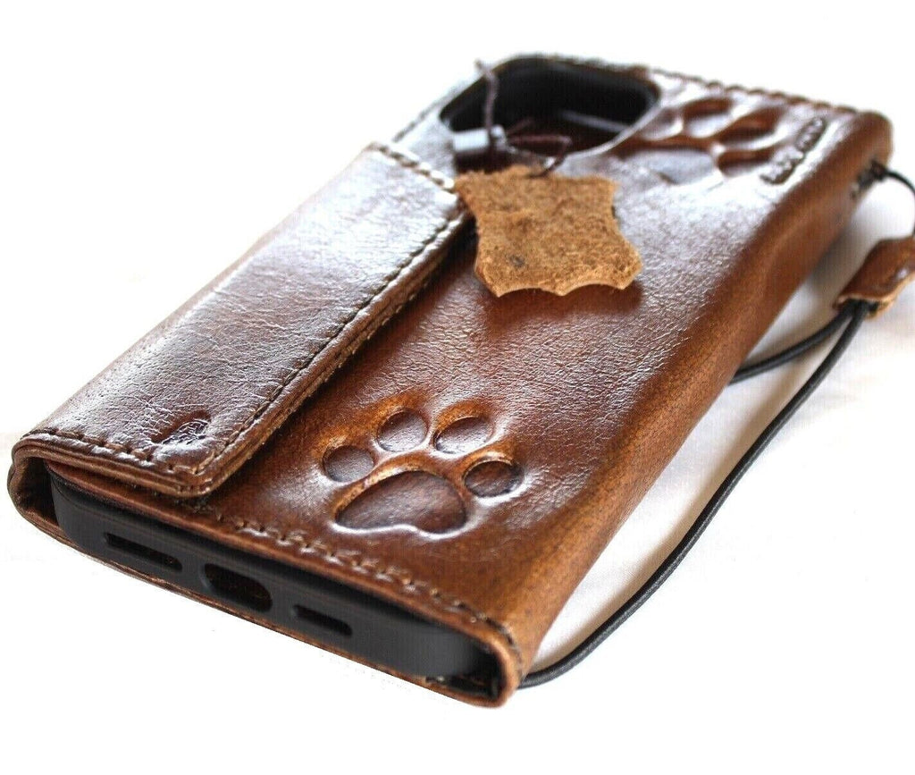 Vintage Leather iPhone Wallet Case: Paw Print Book Cover with ID Window