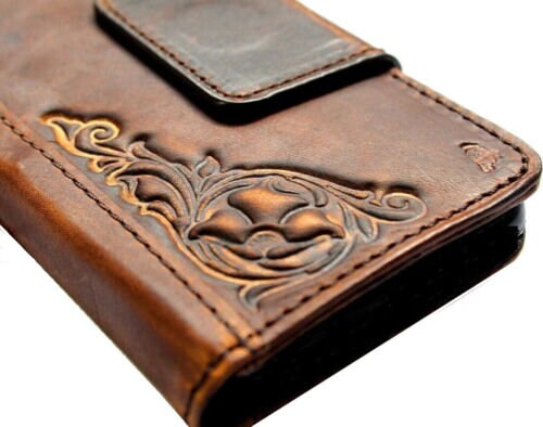 Handmade Leather Wallet Case: Google Pixel, Vintage Floral Embossed