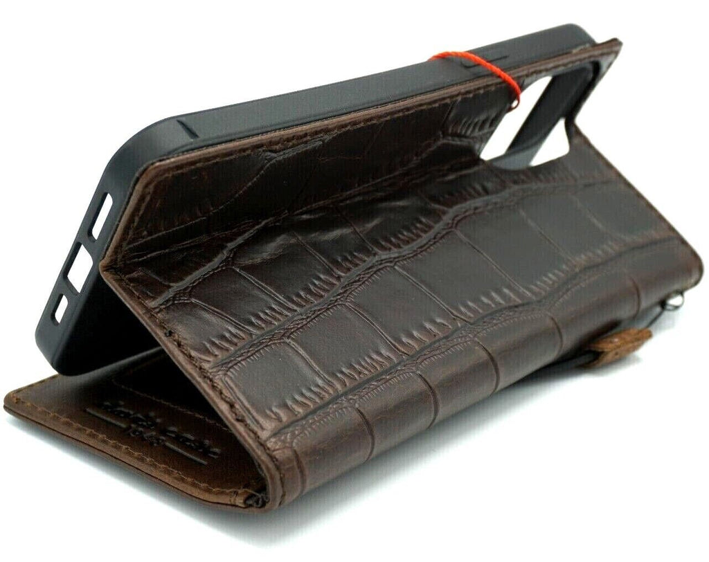 Genuine Leather Wallet Case for Galaxy: Vintage Book Style Credit Cover