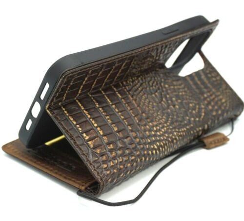 Genuine Leather Google Pixel Wallet Case: Vintage Crocodile Design