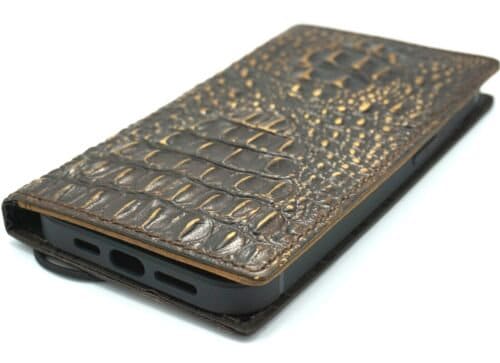 Genuine Leather Google Pixel Wallet Case: Vintage Crocodile Design
