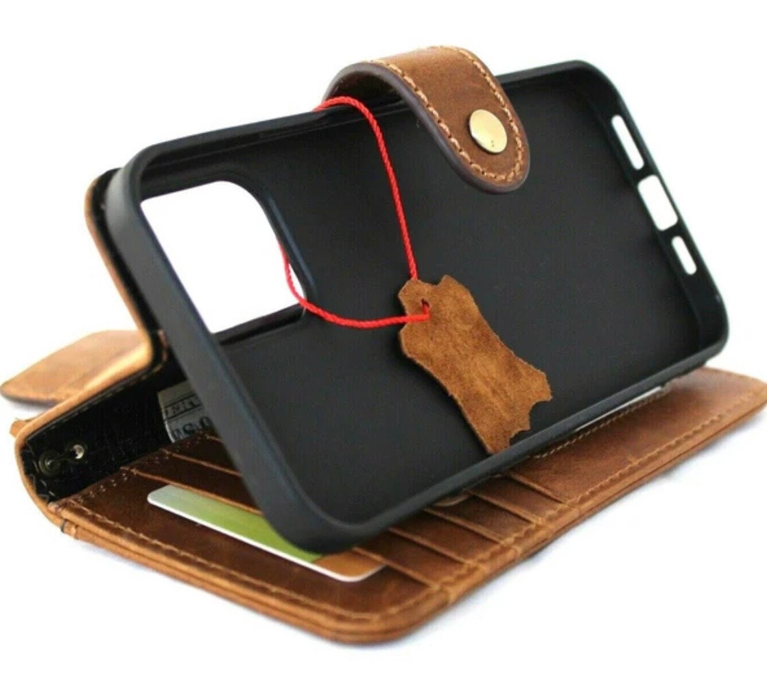 Vintage Leather iPhone Wallet Case: Handmade Book Cover with Card Slots
