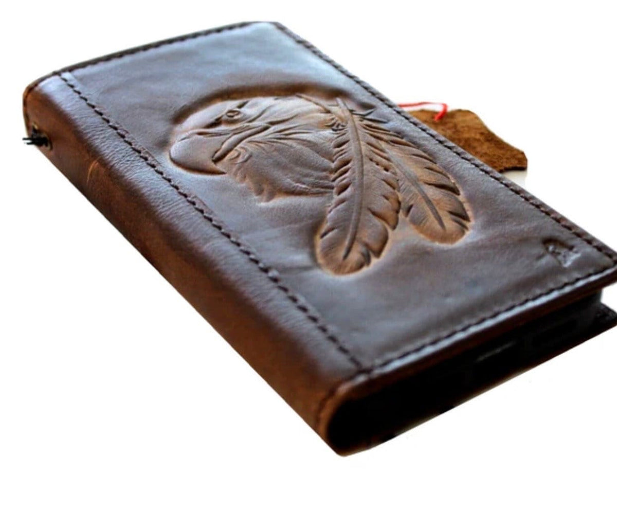 Handmade Leather iPhone Wallet Case: Vintage Eagle Embossed Cover