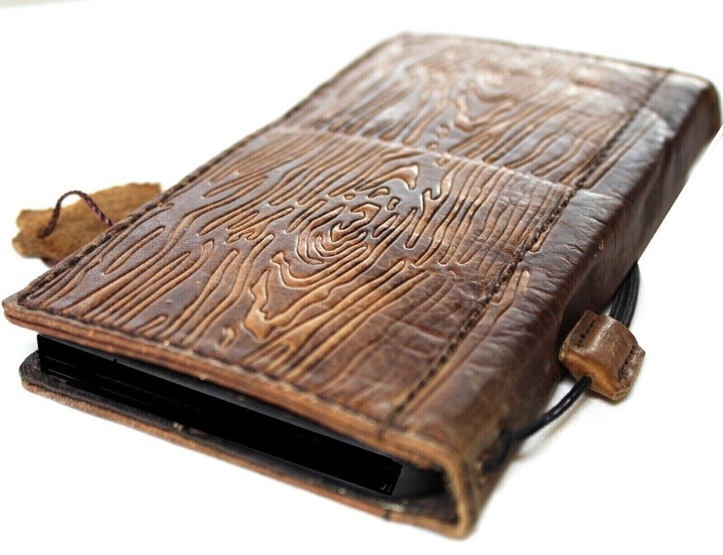 Handmade Leather iPhone Wallet Case: Vintage Wood Art Design