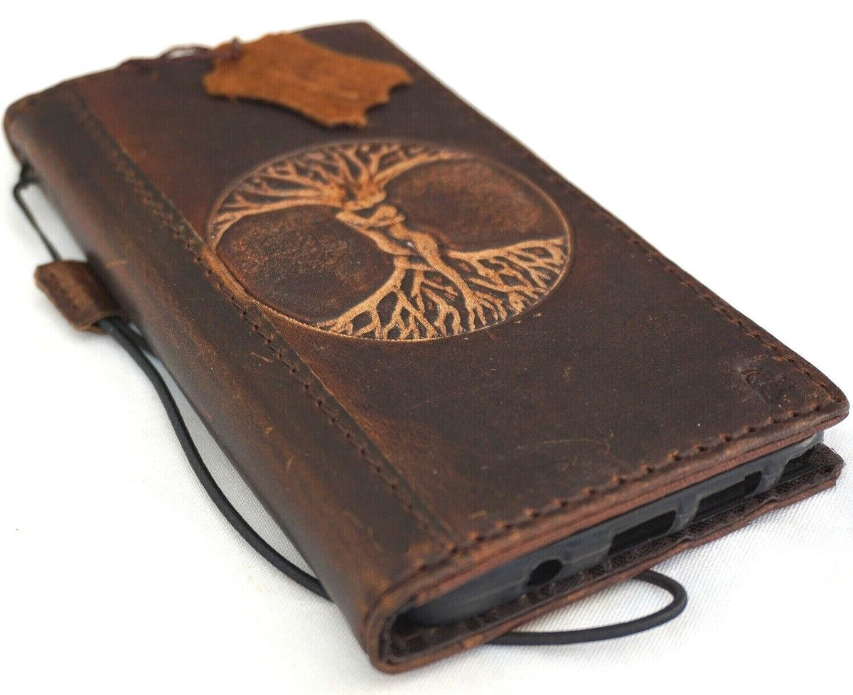 Handmade Leather iPhone Wallet Case: Vintage Tree of Life Art