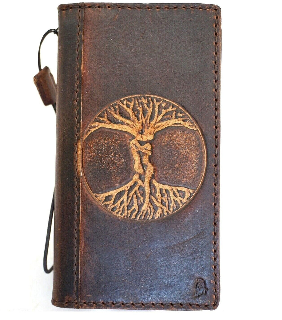 Handmade Leather iPhone Wallet Case: Vintage Tree of Life Art