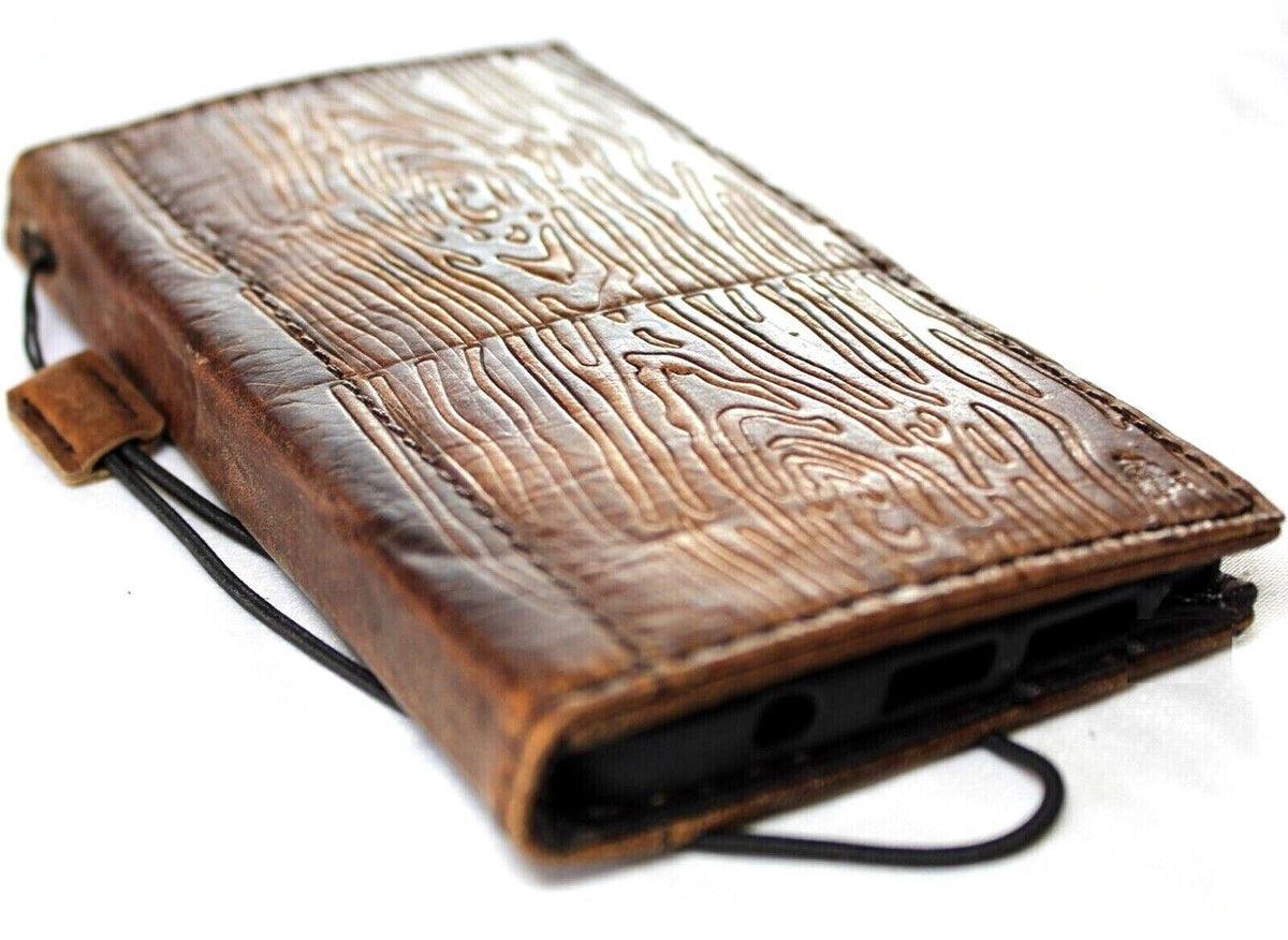 Handmade Leather iPhone Wallet Case: Vintage Wood Art Design