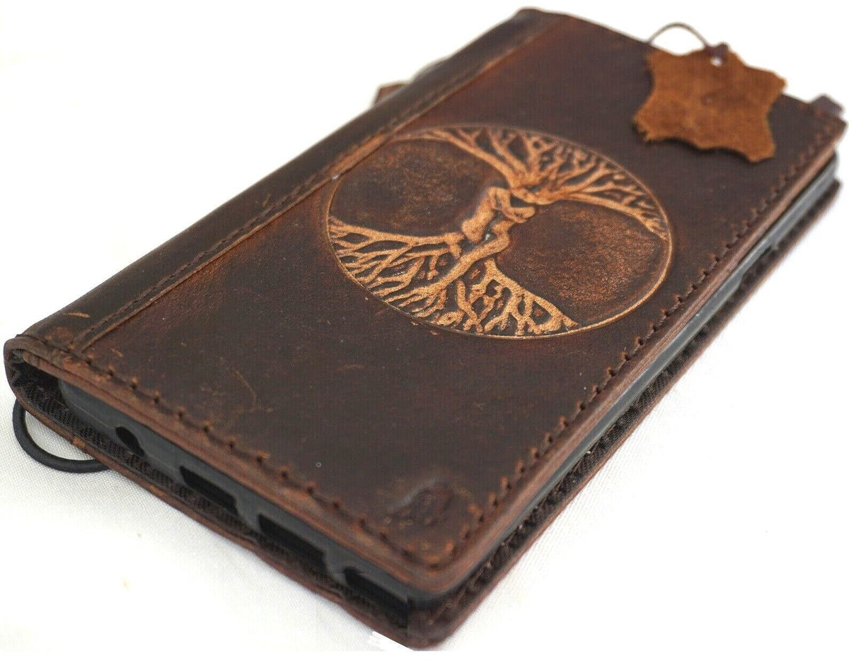 Handmade Leather iPhone Wallet Case: Vintage Tree of Life Art