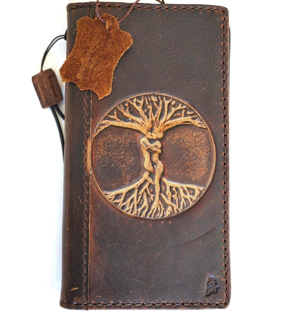 Handmade Leather iPhone Wallet Case: Vintage Tree of Life Art