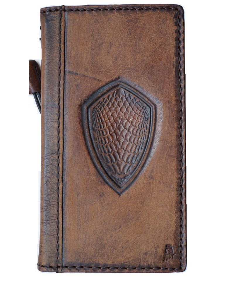 Vintage Leather iPhone Wallet Case: Stone Wash, Embossed Shield