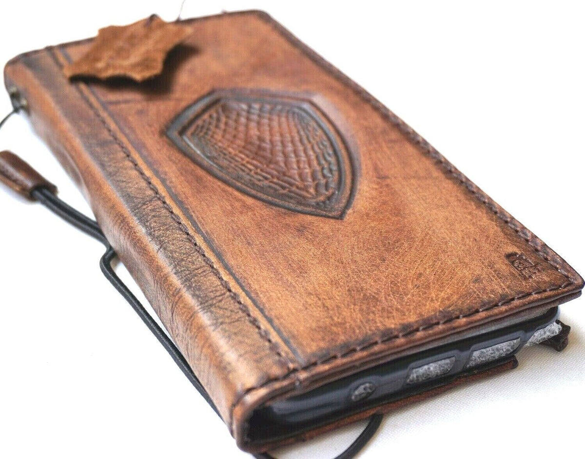 Vintage Leather iPhone Wallet Case: Stone Wash, Embossed Shield