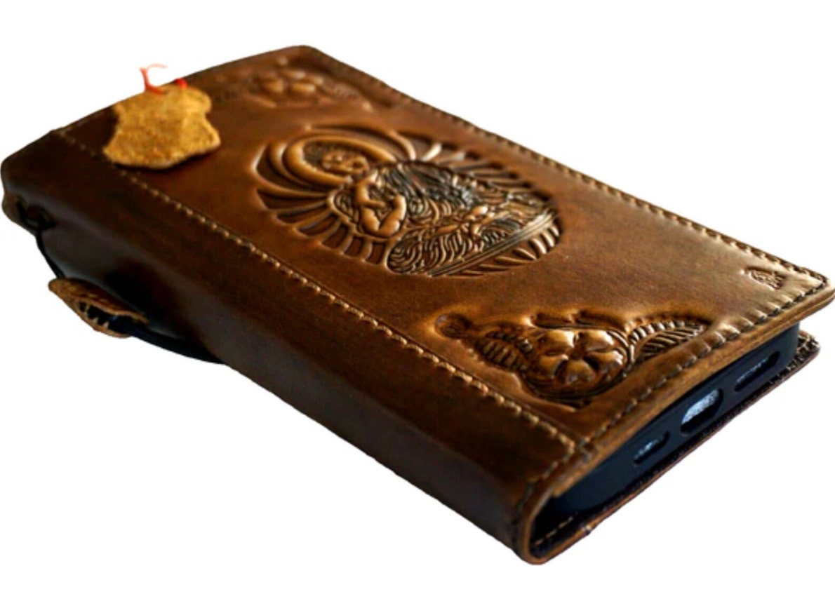 Handmade Leather iPhone Wallet Case: Buddha Stamp Art Book