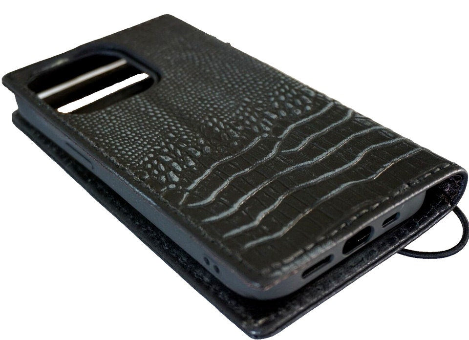 Handmade Leather iPhone Wallet Case: Black Crocodile Art
