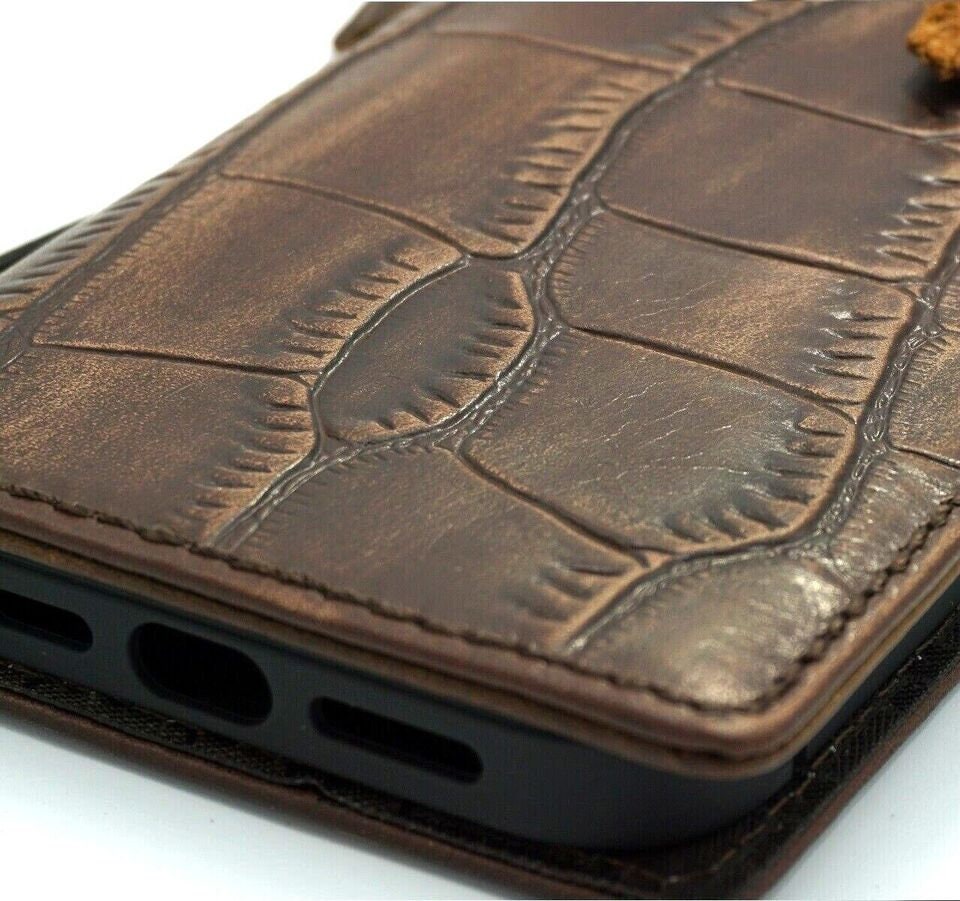 Handmade Leather Wallet Phone Case: Stone Design, Card Slots