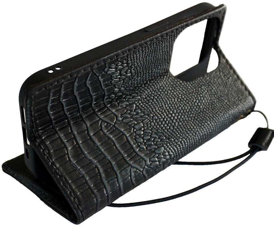Handmade Leather iPhone Wallet Case: Black Crocodile Art