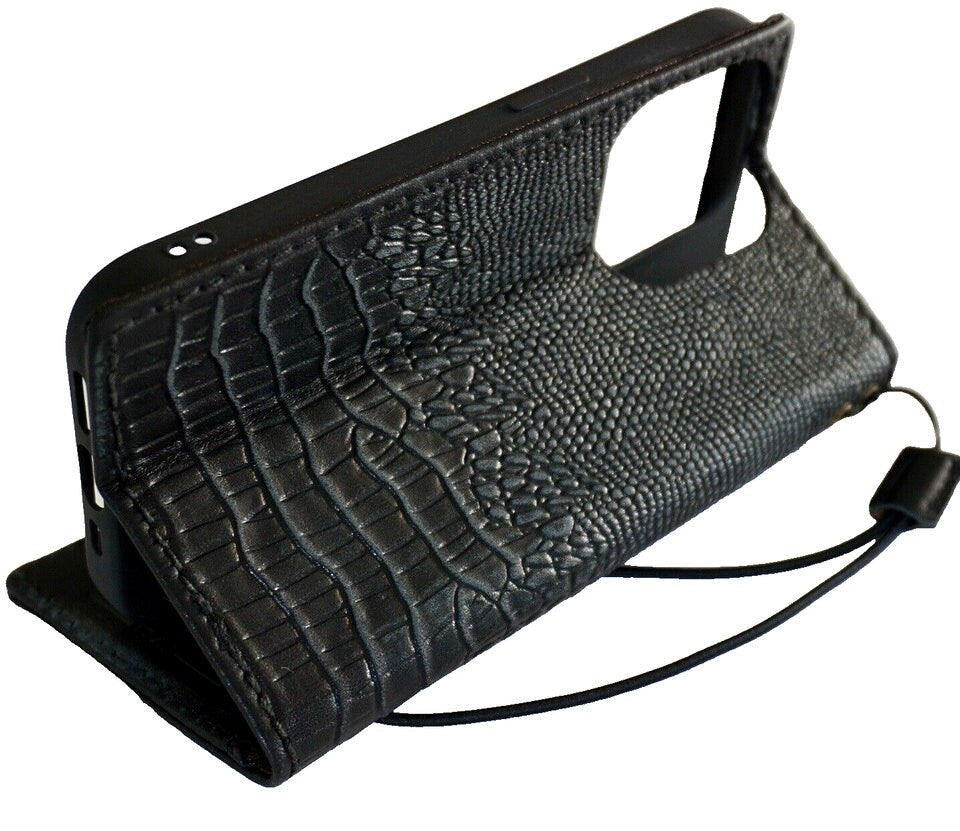 Genuine Leather Galaxy Wallet Case: Crocodile Art Black Cover