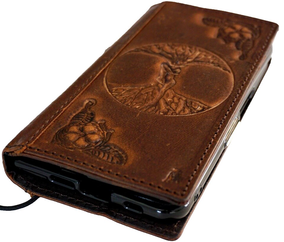 Handmade Leather Galaxy Phone Wallet Case: Tree of Love Art