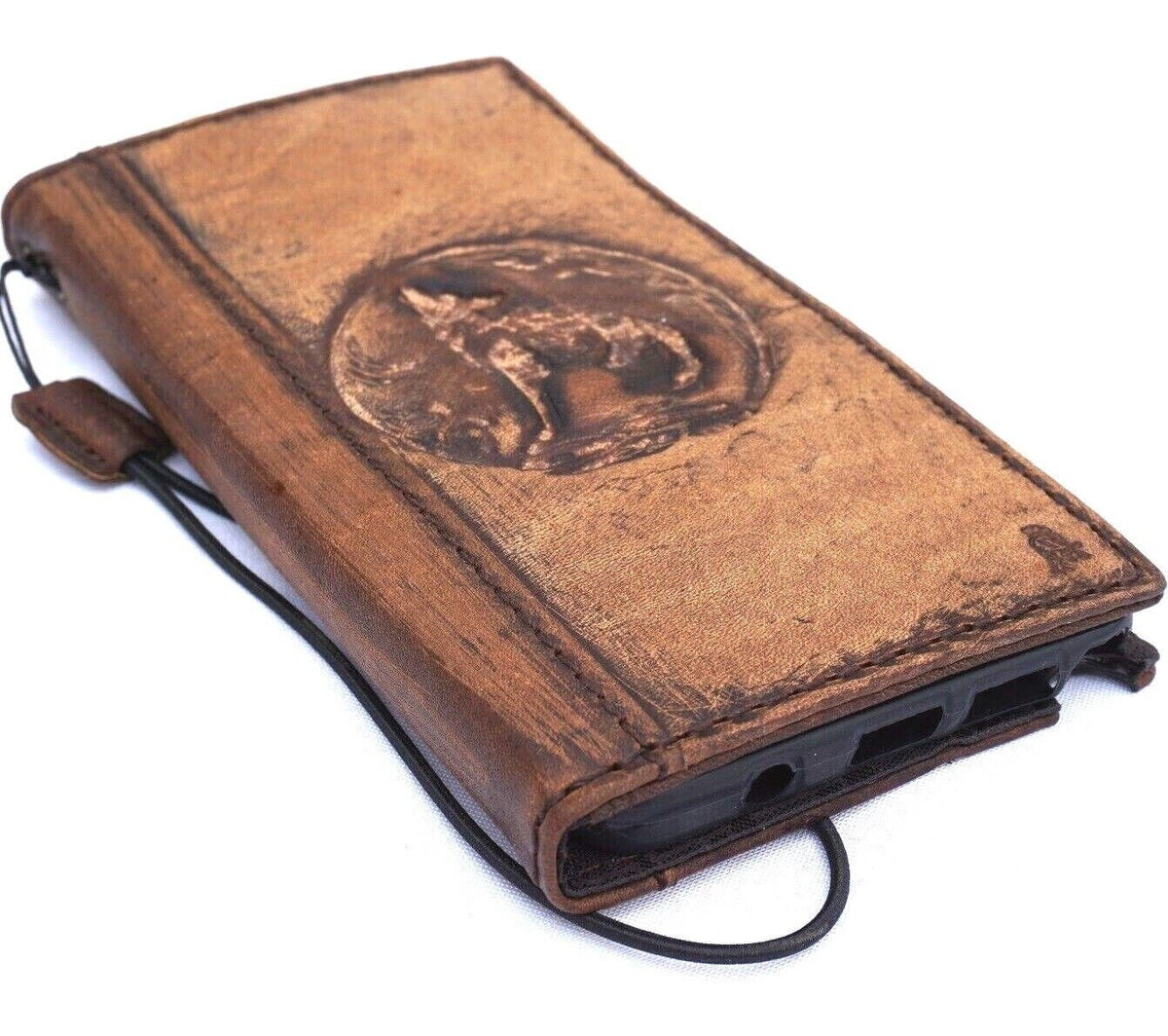 Handmade Leather Galaxy Phone Case: Wolf Stamping, Wallet Design