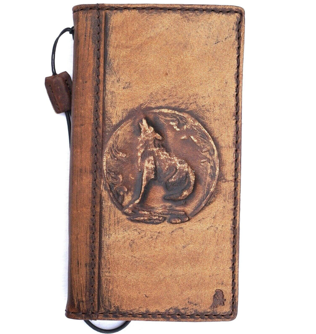 Vintage Leather iPhone Wallet Case: Handmade Wolf Embossed Book Cover