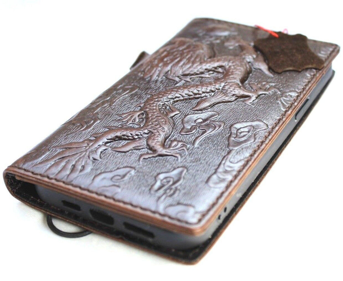 Handmade Leather iPhone Wallet Case: Vintage Dragon Design