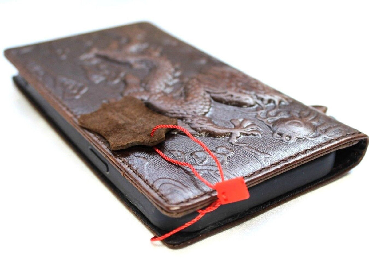 Handmade Leather iPhone Wallet Case: Vintage Dragon Design